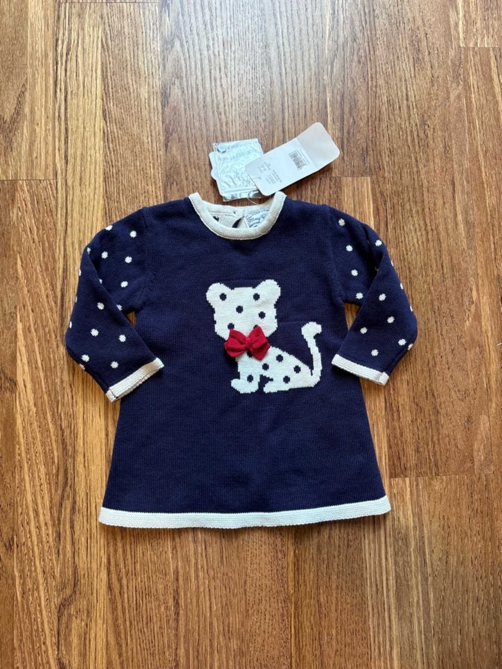 Mayoral Navy Knit Dress Top with White Cat and Red Bow baby girls sue 4-6 months
